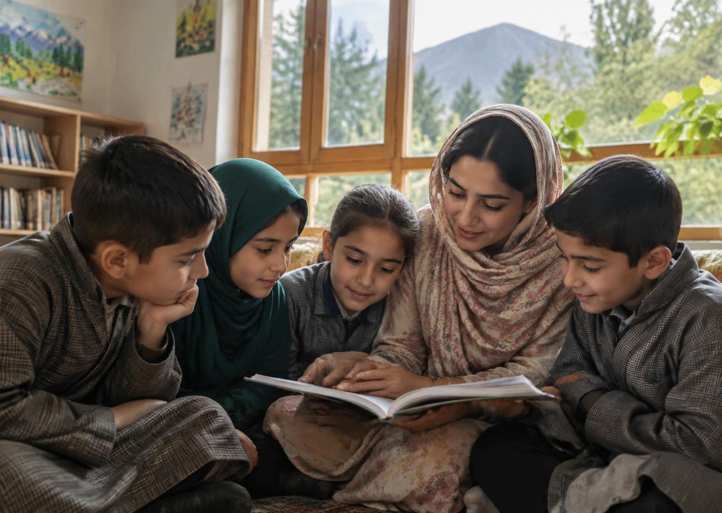 A teacher sharing a book with children